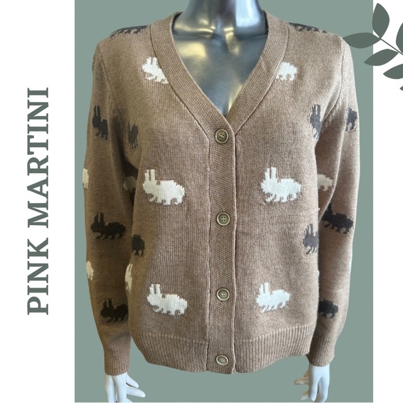 Pink Martini Gia Sweater Button Front V Neck  Cardigan Rabbit Print Size XL - Picture 1 of 5